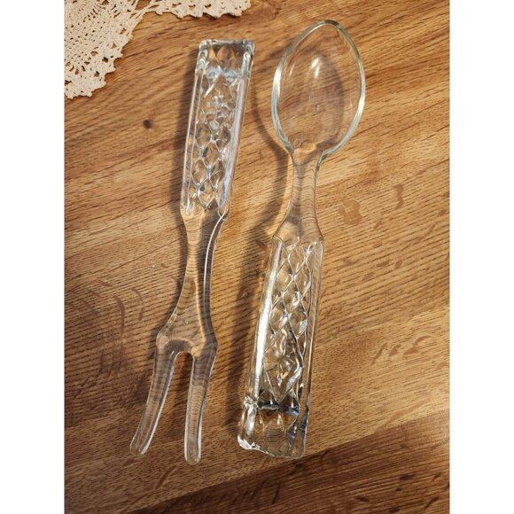 Glass Fork & Spoon Salad Set Vintage Serving Utensils - Picture 5 of 5